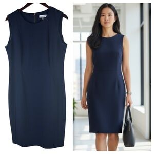 Calvin Klein Sheath Dress Sz 14 XL Navy Blue Slvlss Career Quiet Luxury